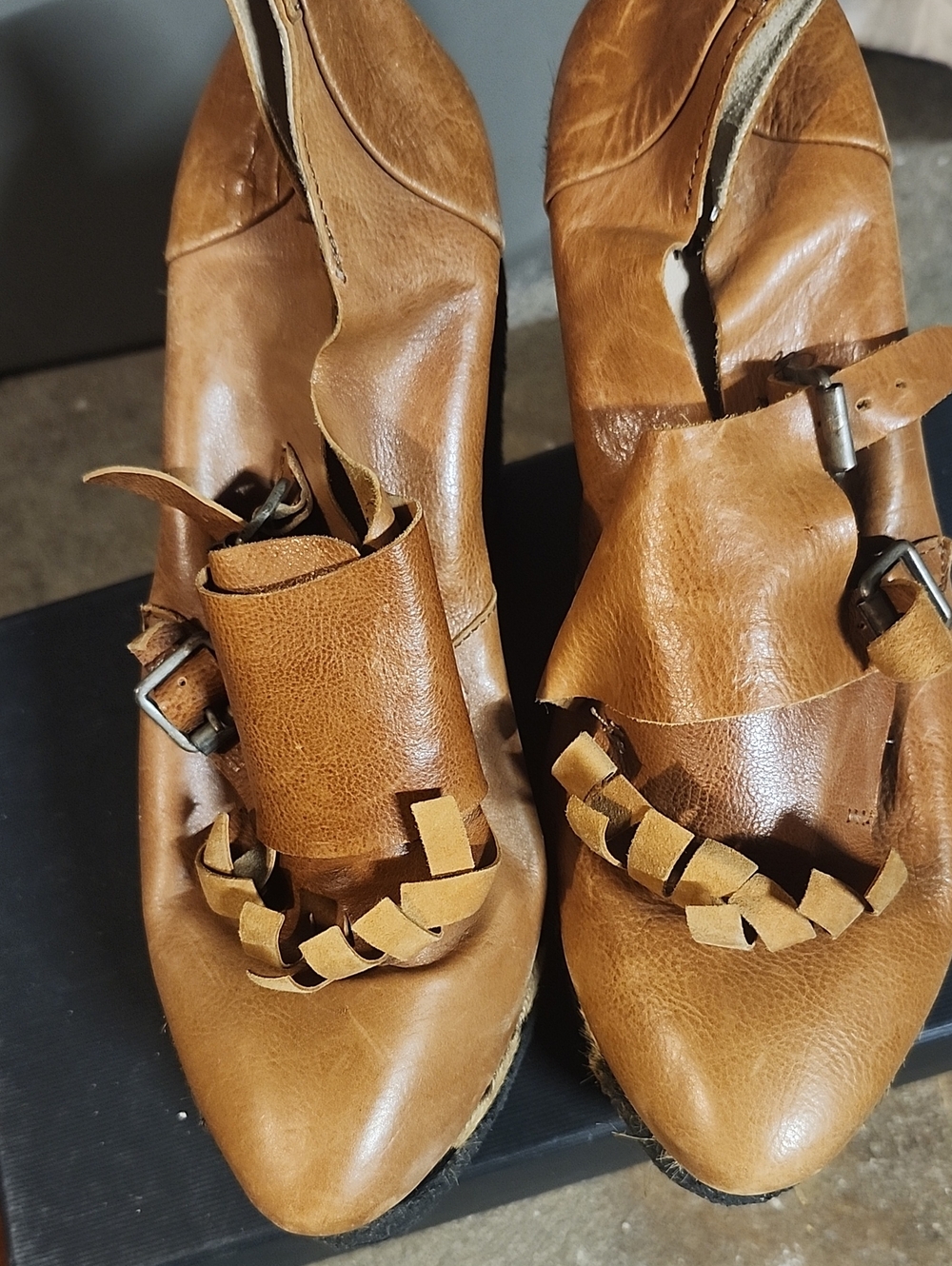 Women’s Brown Leather Buckle Mules with Braided Accent